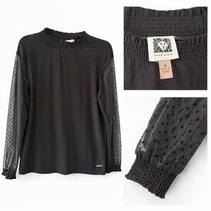 🎬Anne Klein Black Blouse with Sheer Polka Dot Sleeves